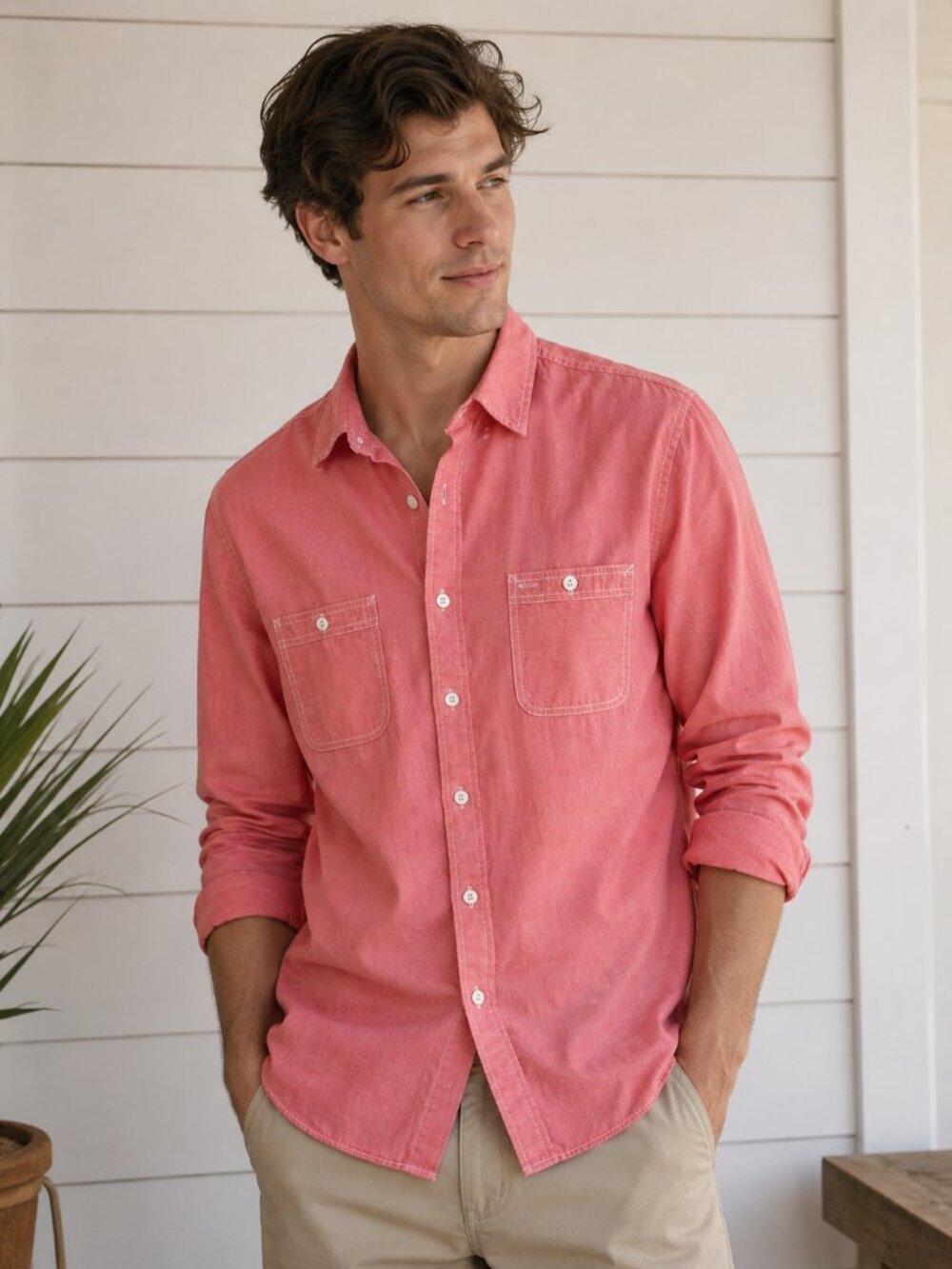 Nautica Men's Large Pink 100% Cotton Button Front Shirt Long Sleeve Pocketsβ